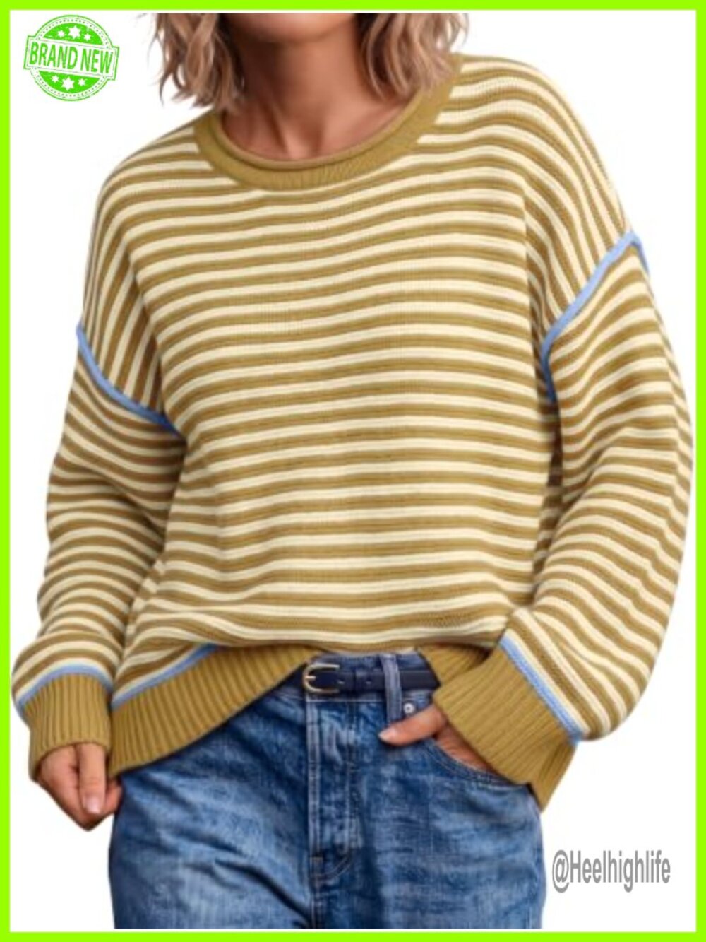 Striped Cotton Blend Oversized Sweater Pullover Long Sleeve